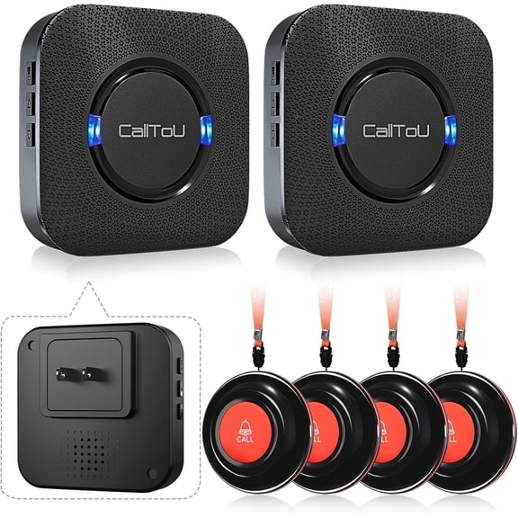CallToU Wireless Caregiver Pager System for Seniors & Patients, 2 Plug-in Receivers, 4 Waterproof Transmitters, 500 ft Range