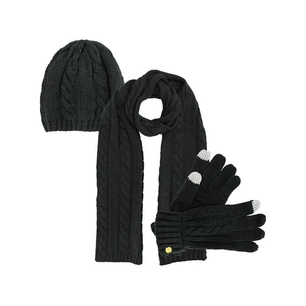 Black 3 Piece Beanie Hat Texting Gloves & Matching Scarf Set - Walmart.com
