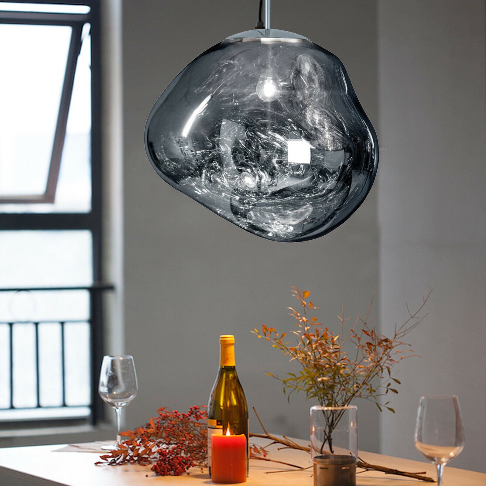 Modern Retro Smokey Grey Glass Globe Chrome Ball Pendant Light Ceiling Lamp 