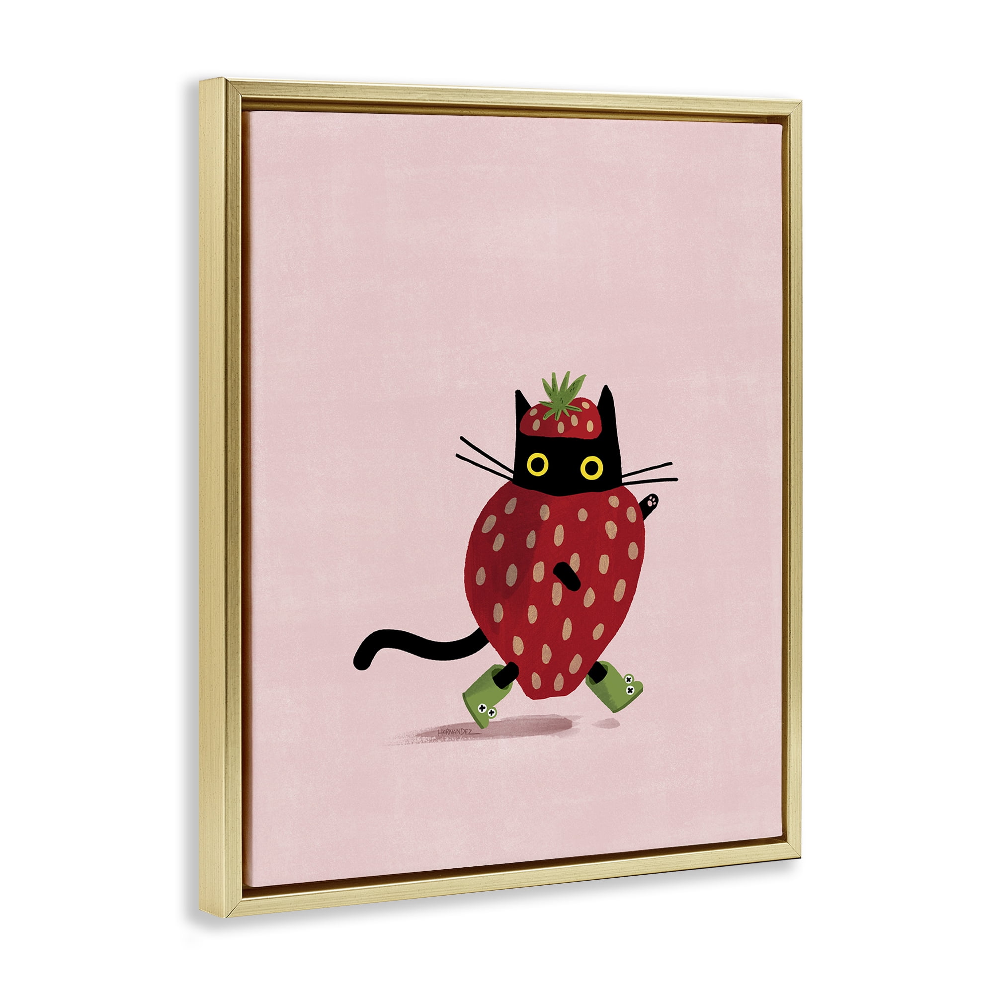 Stupell Industries Strawberry Cat on Pink Animals Painting Gold Floater Framed Canvas Art Print Wall Art, 25 x 31