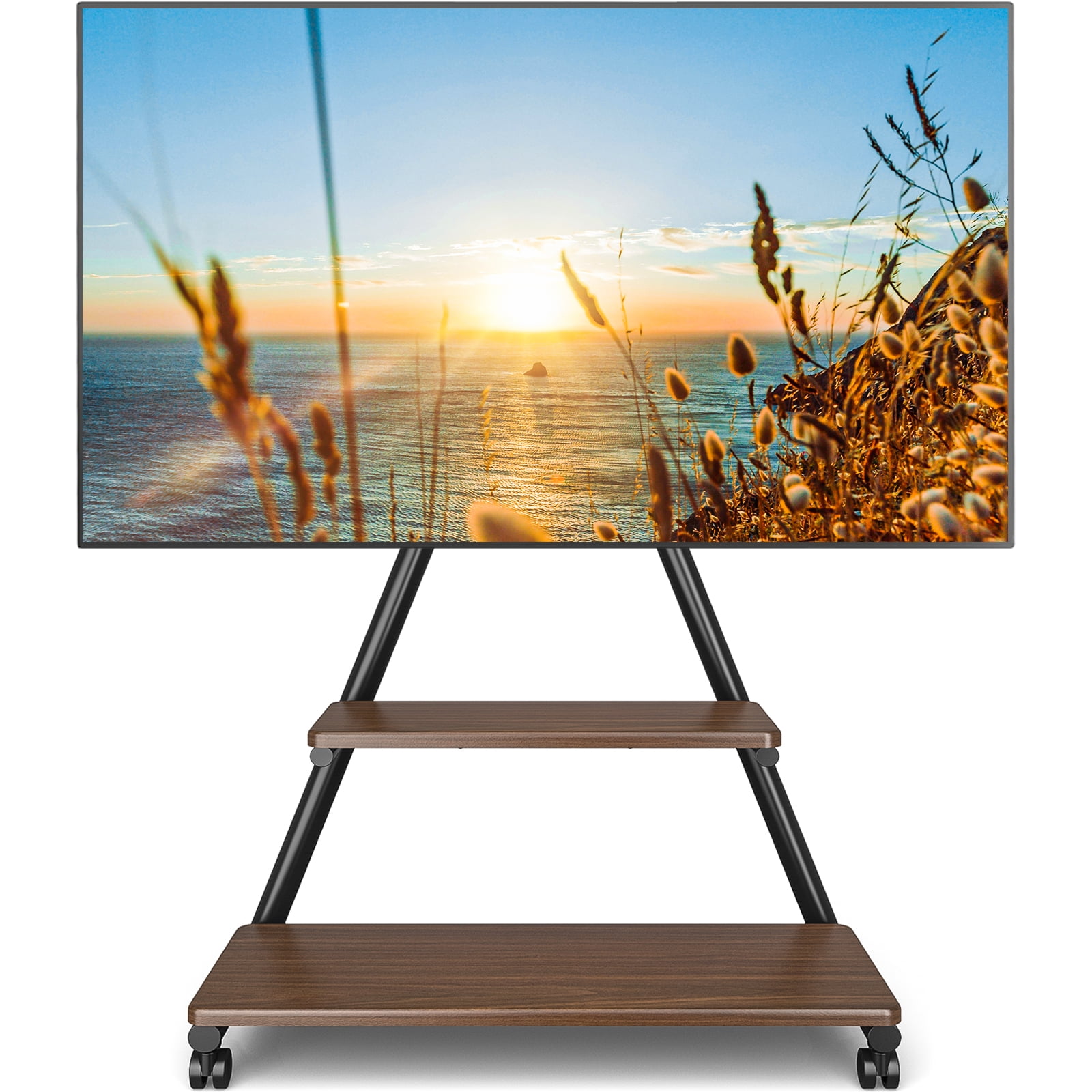 TAVR Furniture Rolling TV Stand for 43-80 inch, Portable TV Stand on Wheels with Enhanced Triangular Design up to 150lbs, Height Adjustable, Brown