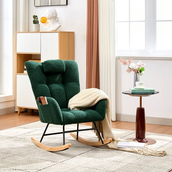 BouPower Teddy Upholstered Nursery Rocking Chair, High Backrest Padded Glider Rocker Armchair with Side Pockets, Comfy Accent Side Chair for Adults Small Spaces Living Room Bedroom Classroom Office
