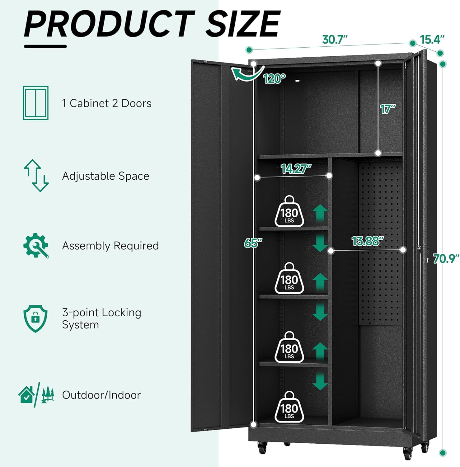 Metal Garage Storage Cabinet with Wheels,Rolling Tool Storage Cabinet with Lock,Steel Locking Cabinet with Locking Doors and Adjustable Shelves,Tall Storage Cabinet for Office Home,Garage,Shop-Black