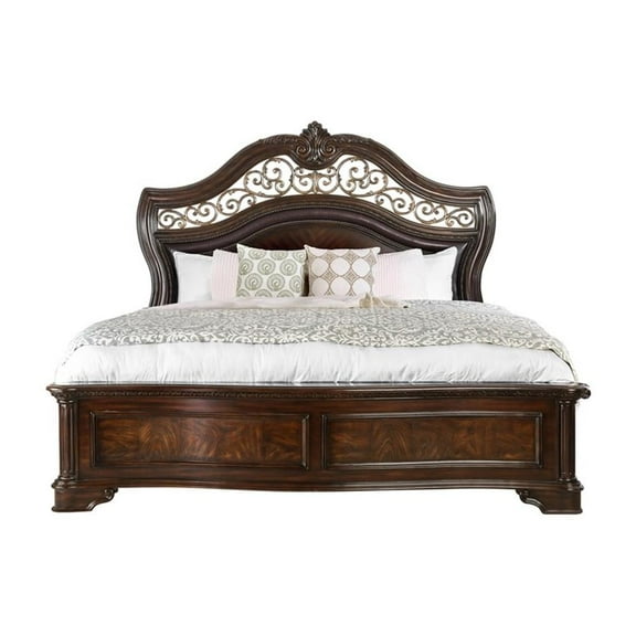 Pemberly Row Contemporary Wood Queen Panel Bed in Brown Cherry