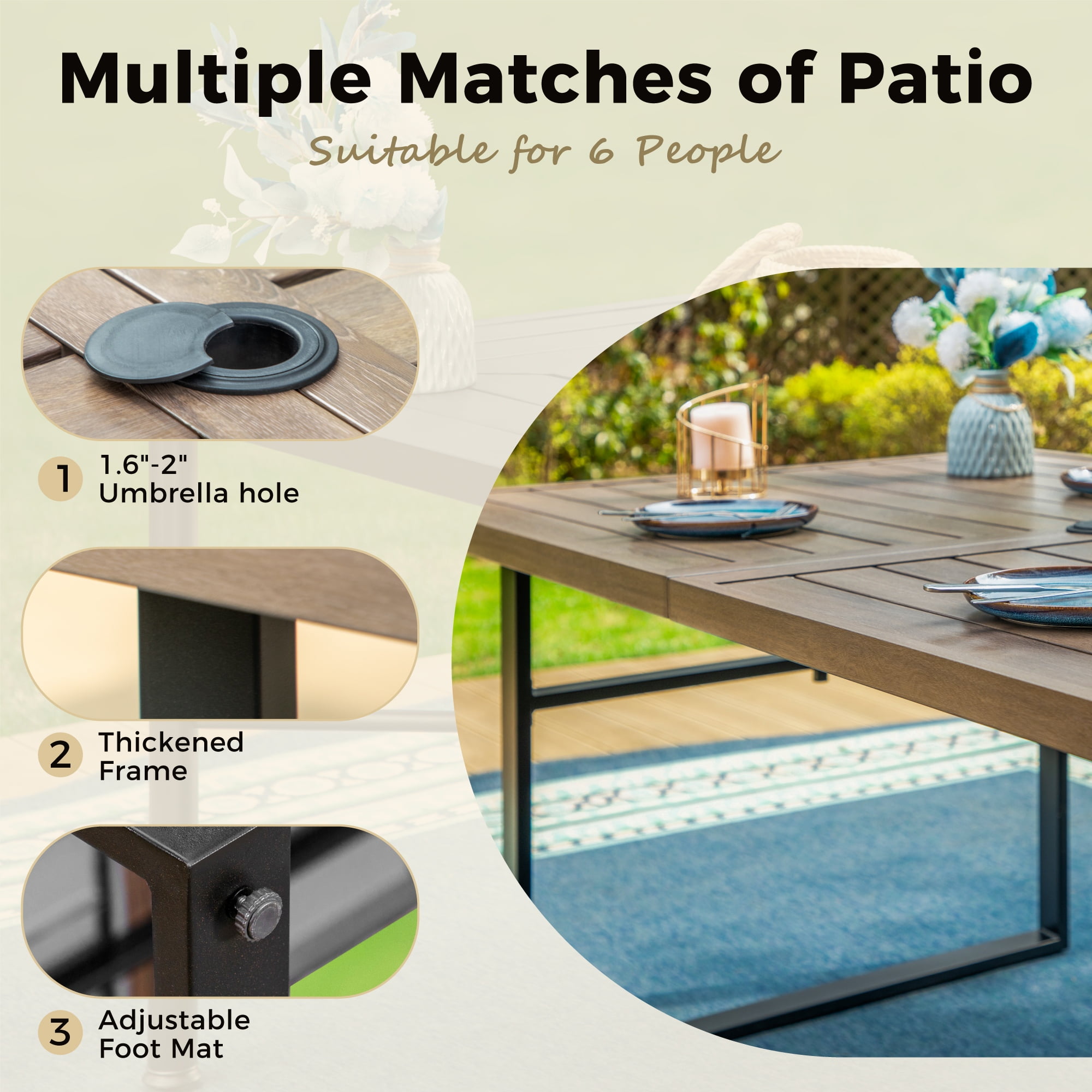 7-Piece Outdoor Patio Dining Set for 6, All-Weather Rattan Chairs and 64" Rectangular Wood-Like Table with Umbrella Hole