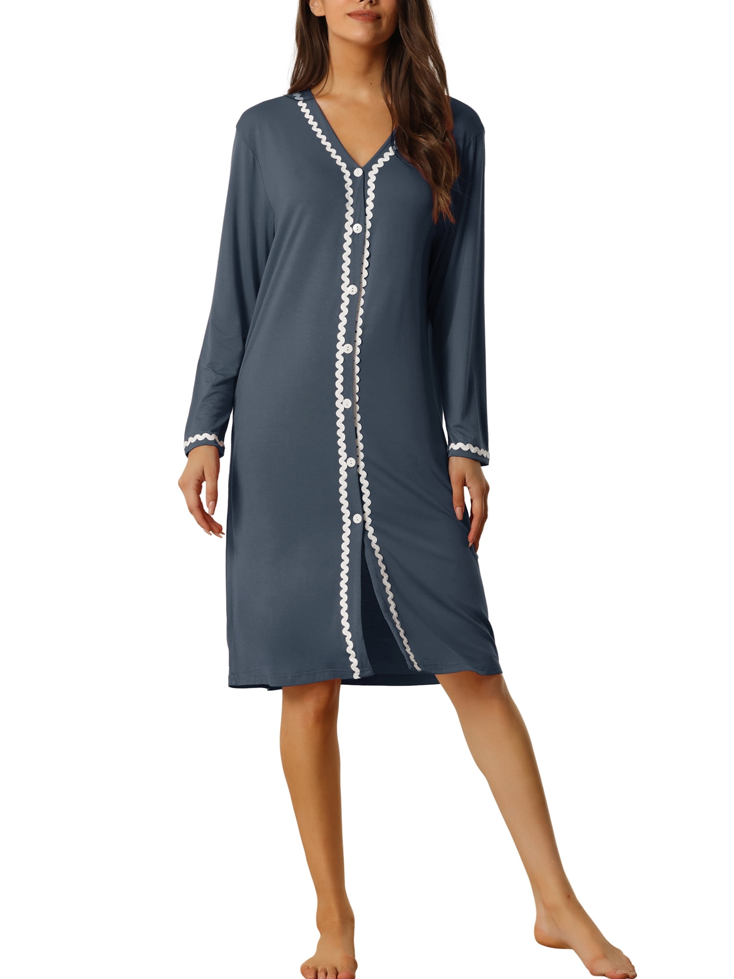 Unique Bargains Womens Nightshirt Button Down Nightgown Long Sleeve Pajama Sleepshirt M Grey