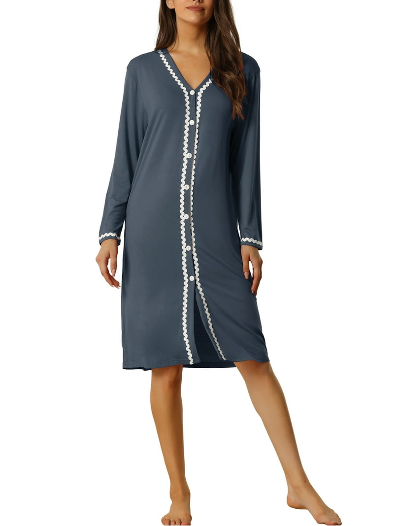 Vlazom Women's Nightgown - V Neck Button-Down Sleep Dress With Long Sleeves, Soft Rayon/Spandex, Mid-Calf Length