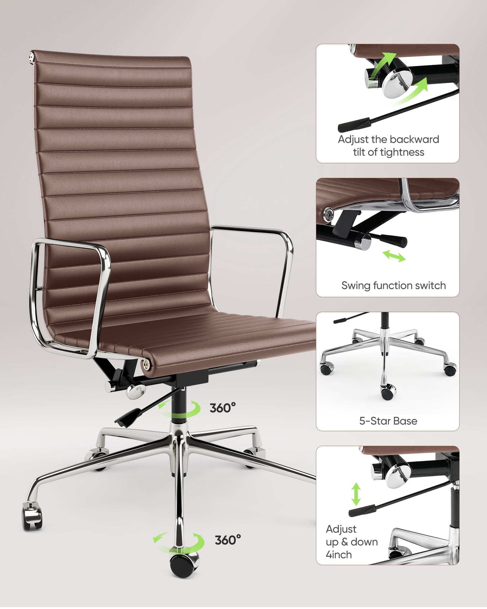 High-Back Ribbed Office Chair Adjustable Leather Computer Chair Ergonomic Lumbar Support,Swivel Desk Chair,Brown 1pc