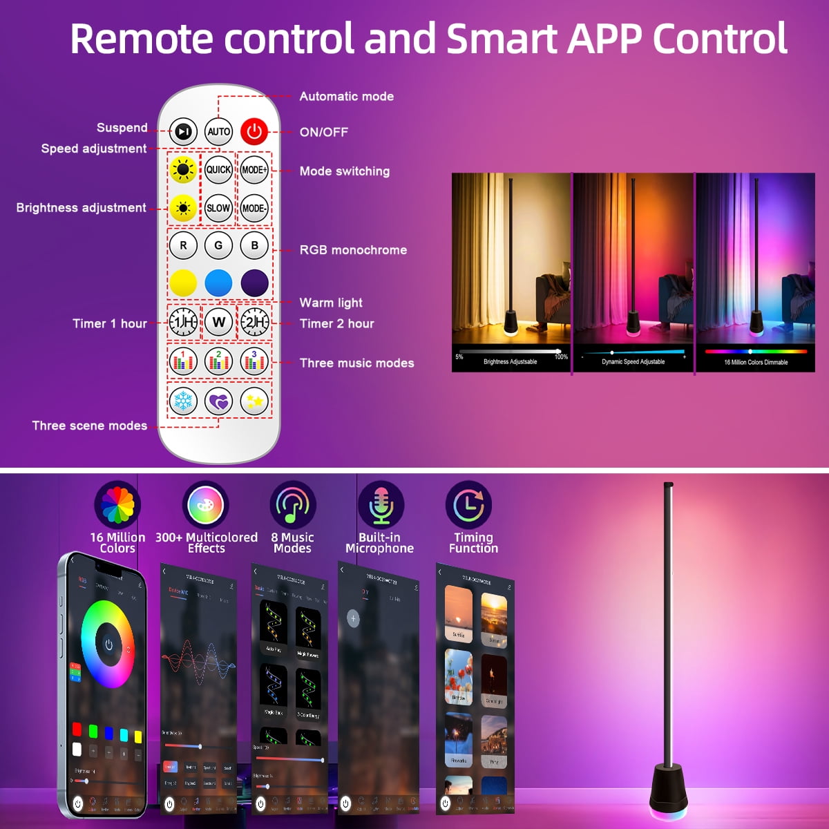RGB Floor Lamp,Smart RGB Corner Floor Lamp,81 LEDs Bright Standing Lamps for Living Room with APP and Remote,Modern Floor Lamp with Music Sync and 16 Million Colors, Ambient Lighting for Bedroom