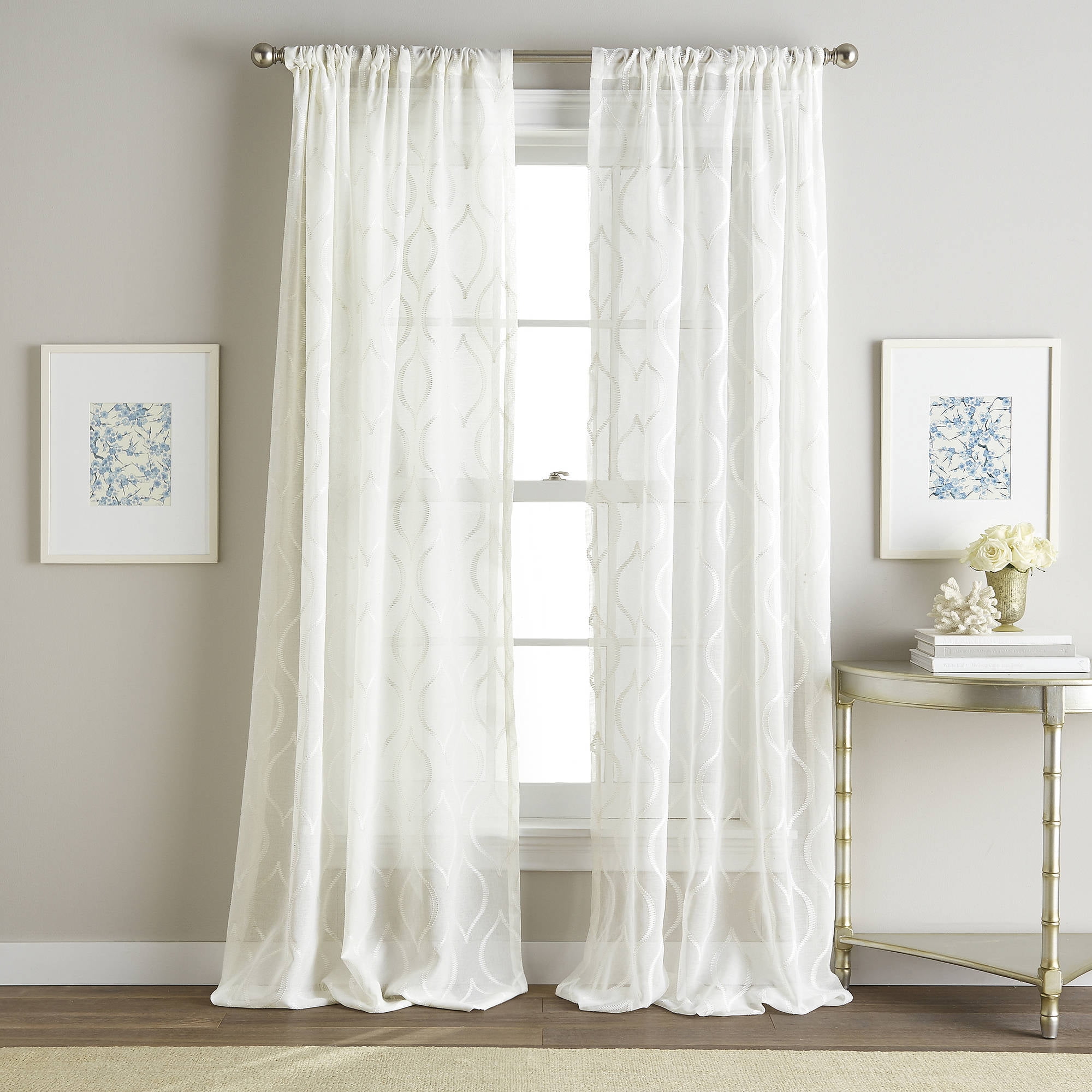 Hourglass Embroidery Poletop Sheer Curtain Panel Com