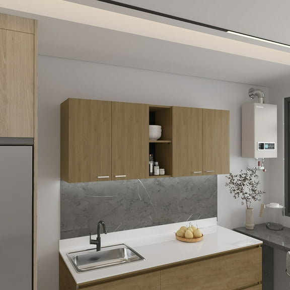 Living Room Cabinets Portofino 150 Wall Cabinet, Double Door, Two External Shelves, Two Interior Shelves Natural Oak,Primary Living Space Cabinets