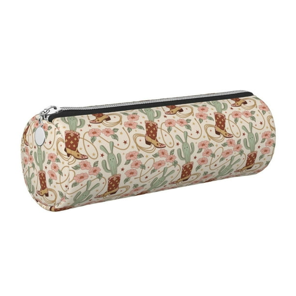 Easygdp Floral Cowboy Boots para Estuche de Lápices Cilíndrico de Cuero con Cremallera, Organizador de Lápices de Cuero para Escuela, Oficina y Viajes