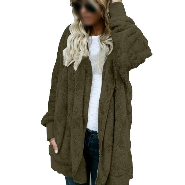 UKAP Open Front Plush Blanket Coat for Women Long Sleeve Plain Hooded Cardigan Oversize Plain Jacket Casual Winter Outwear with Pockets