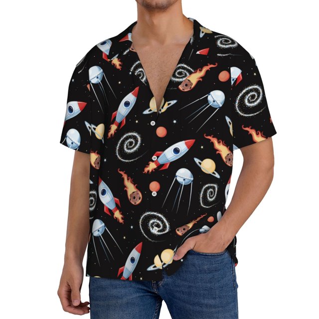 Fotbe Space Rocket Camisa Estampada de Manga Corta para Hombre, Casual de Verano, Estilo Playero, Sin Arrugas-3X-Large