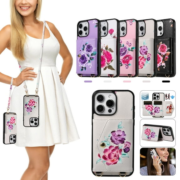 iPhone 14 Plus Case Wallet for Women Girls, Floral Case with Cards Holder & Makeup Mirror Hand Wrist Crossybody Shoulder Strap RFID Blocking Purse Cover Case for Apple iPhone 14 Plus,Gray