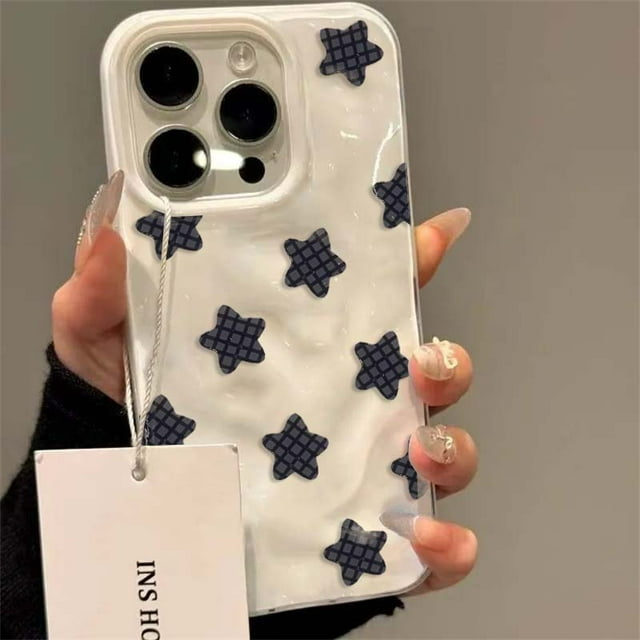 Cartoon Black Checkered Star Pattern Korean INS Phone Case for IPhone 16 15 14 13 12 11 Pro Max Plus Cute Shockproof Soft Cover