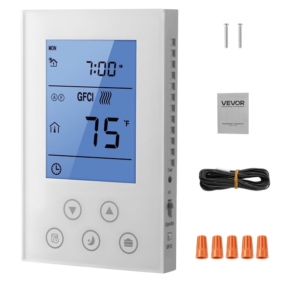 VEVOR 7-Day Programmable Thermostat, Home Thermostats for Radiant Underfloor Heating Cable,Heat Pump, Built-in GFCI & Sensitive Sensor, LED Screen with Backlight,Energy-Efficient,White