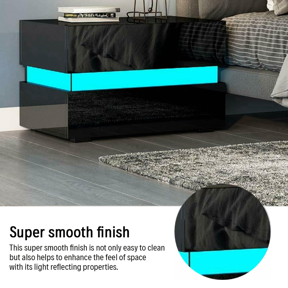 2 Drawers Night Stand with RGB LED Light Mode System, High Gloss Bedroom End Table for Small Spaces - 24 x 15 x 18 Inches