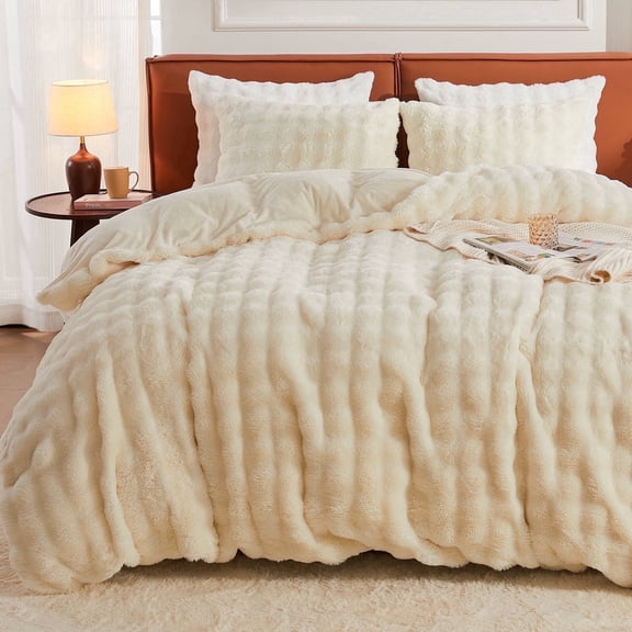 EMME Faux Fur Duvet Cover Queen Size, 3 Pieces Ultra Soft Fluffy Comforter Cover, Cozy Warm for Winter, Luxury Elegant Shaggy Bubble Bedding Sets , 1 Duvet Cover & 2 Pillow Shams (Queen, Cream White)