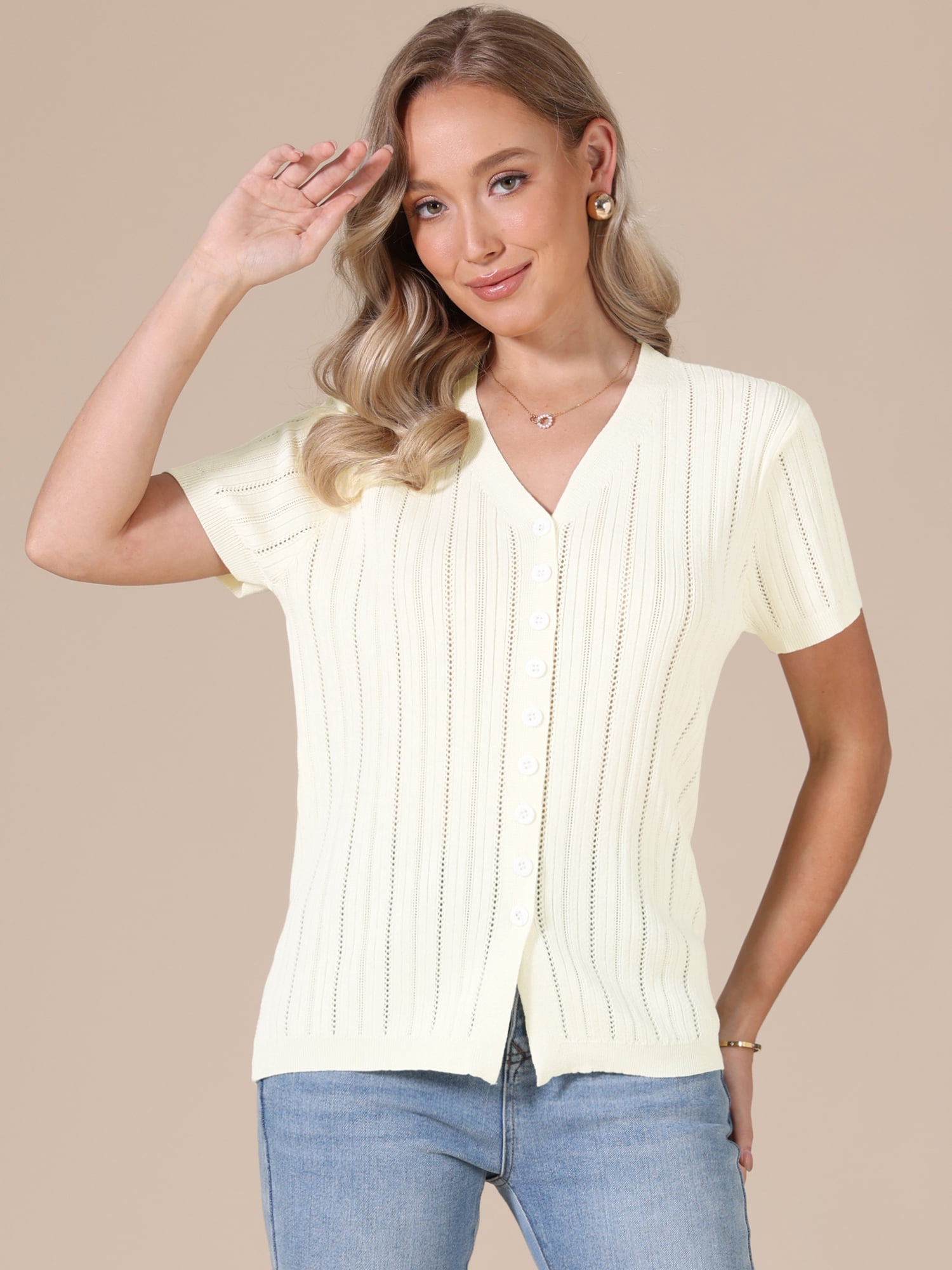 DARING DIVA Women's Eyelet Tops V Neck Short Sleeve Knit Button Down Shirts M Beige