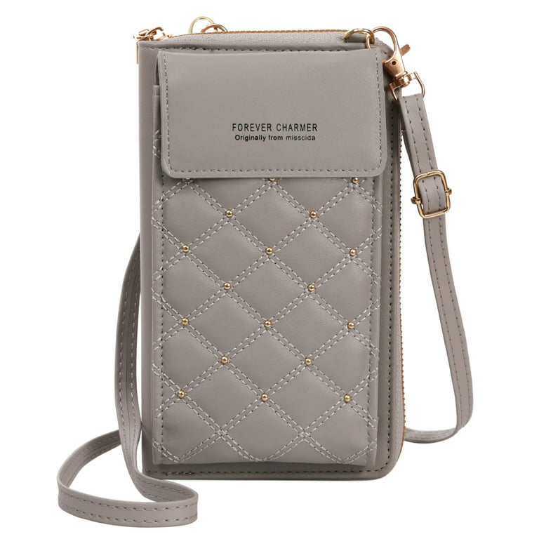 Cellphone Shoulder Bag Women PU Leather Crossbody Bag Handbag Card  Holder-Light Grey