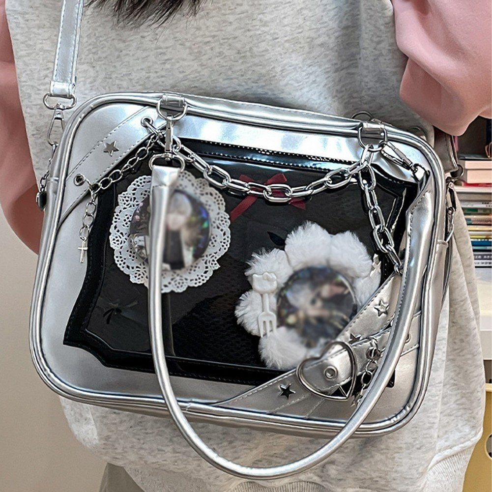 Hzzsbu Y2K Ita Bag with Display Window, Star & Heart Crossbody Purse with Metal Chain