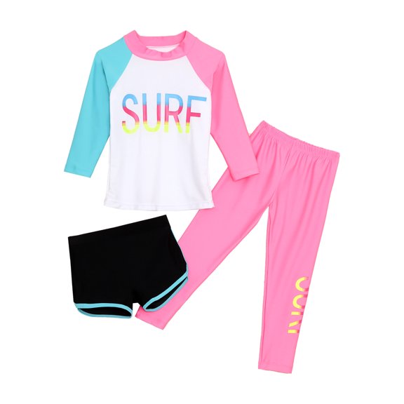 Jhaoyu Girls Swimsuits 3 Pieces Long Sleeve Rash Guard Set Quick Dry Bathing Suits UPF 50  Swimwear White Pink 3XL