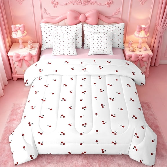 jejeloiu Cute Cherry Twin Bedding Sets 7-Piece,Kawaii Fruit Bedding Comforter Set,Red Cherries Pattern Sheet Sets For Girls,Luxury Bedroom Decor Reversible