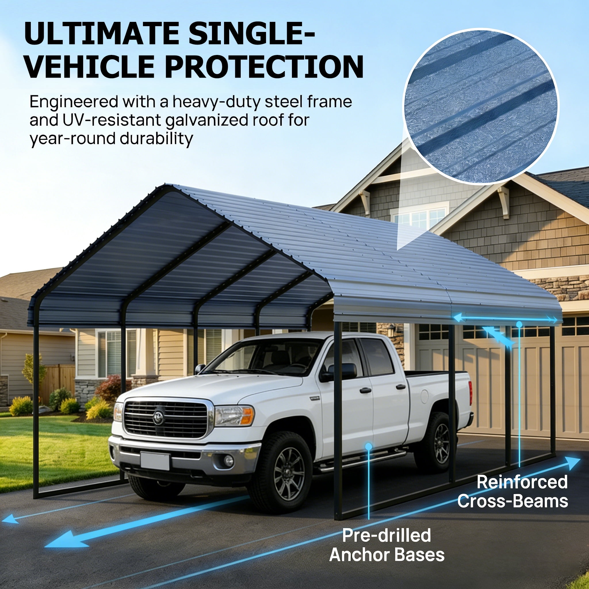 10x20 FT Heavy Duty Metal Carport - Galvanized Steel Frame & Roof, All-Weather & Snow Load Protection for Cars, SUVs, Trucks, RVs, Boats, UV Resistant, Rust-Resistant, Snow-Resistant Portable Shelter
