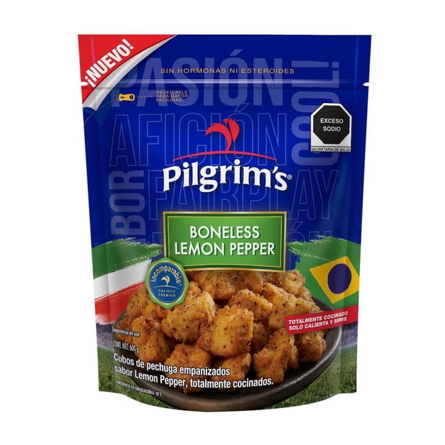 boneless de pollo pilgrim's lemon pepper 600 g Empaque resellable frontal con cubos empanizados de pechuga sabor limón y pimienta, logo Pilgrim's y sello "¡Nuevo!", etiqueta de exceso sodio; listo para calentar y servir, opción de botana para compartir.