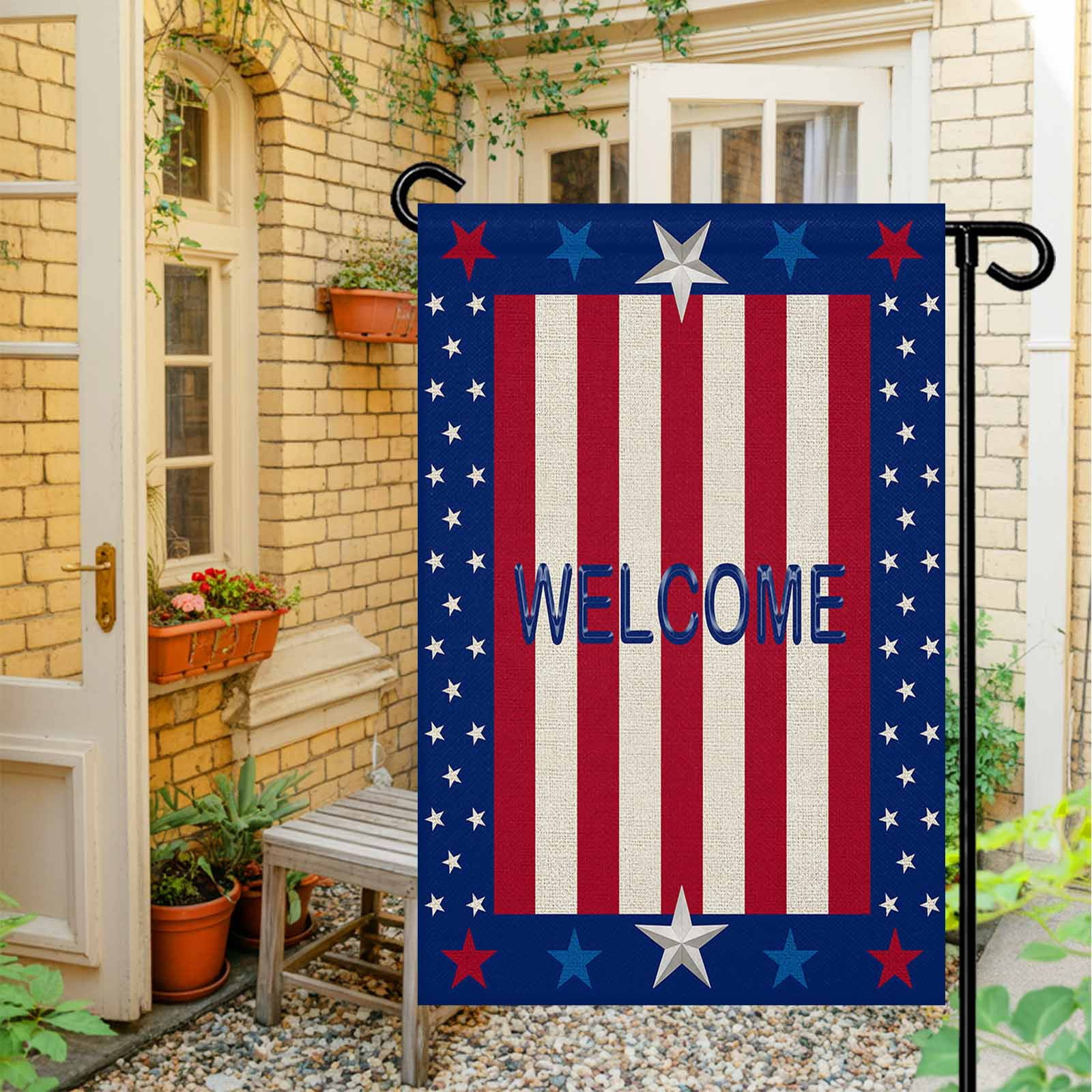 4th of July Garden Flags American Flag Stripes Garden Flag Double Sided Welcome Flag Red Blue White Stars Letters Independence Day Yard Flags for Outdoor Lawn Porch Memorial Day Decor 28x40 Inch