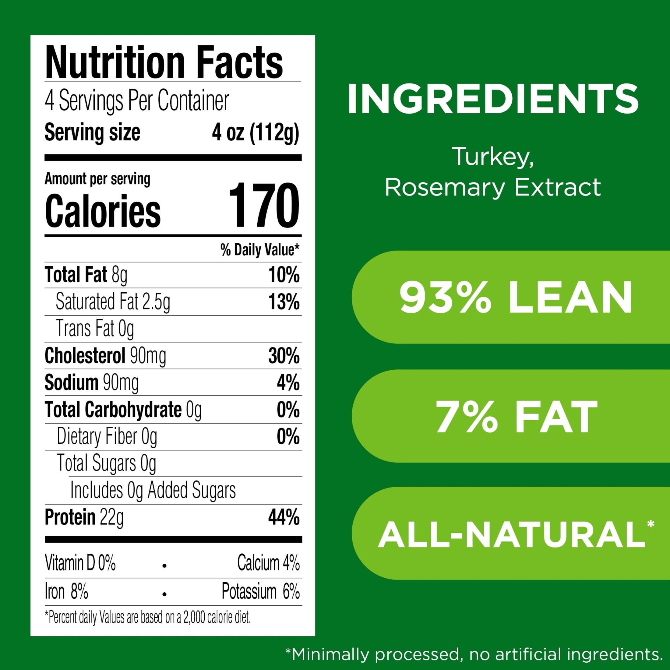 JENNIE-O All Natural Ground Turkey, 93/7%, Tray, 1 Pound, 22 Grams of Protein per Serving