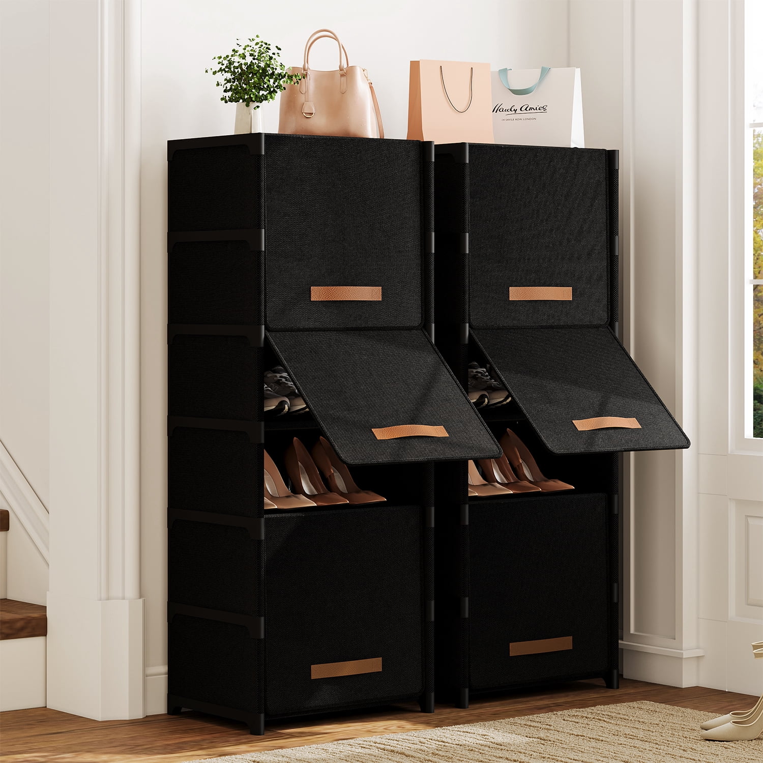 BGTREND 7 Tier Narrow Shoe Rack with Covers Shoe Storage Organizer Holds 14 Pairs for Closet Entryway Hallway, Black