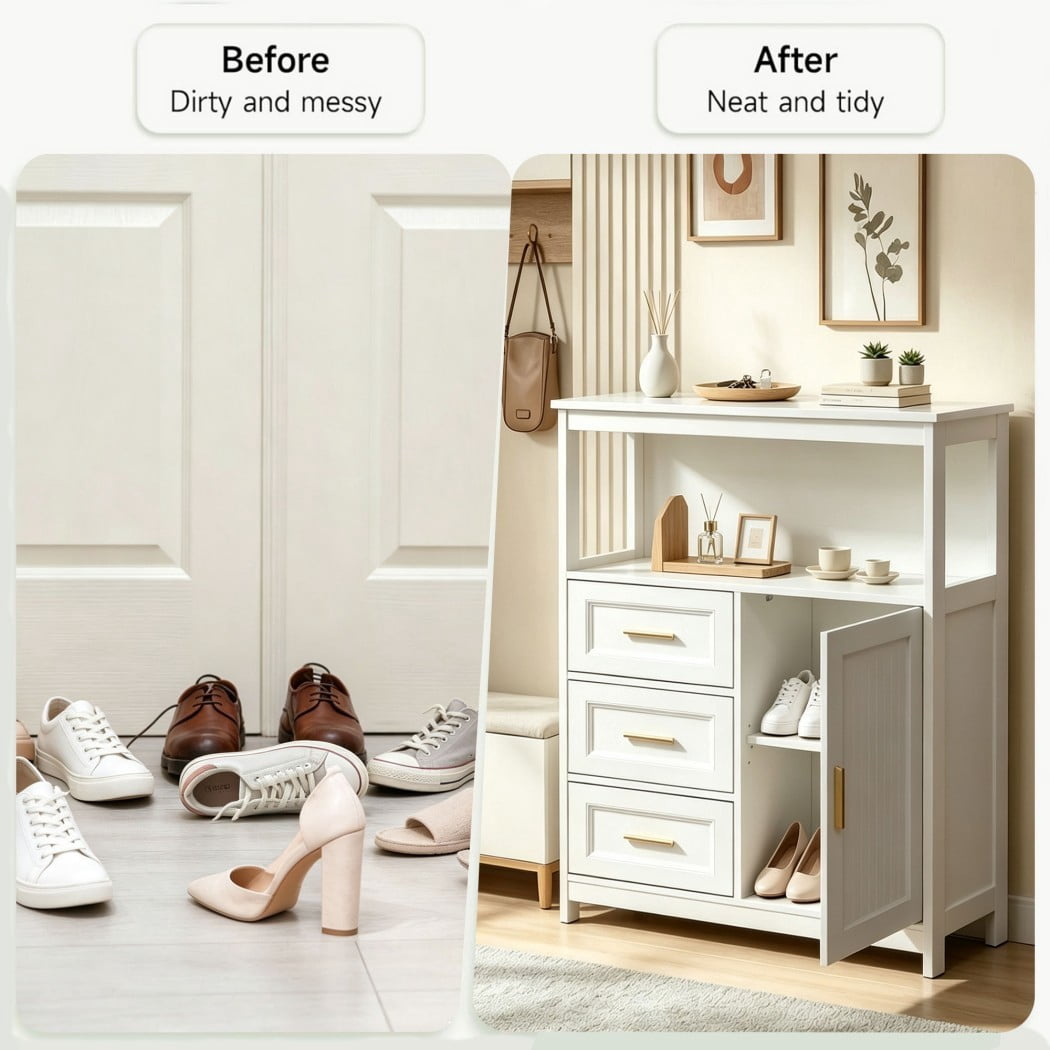 Modern Buffet Cabinet, Kitchen Storage Cabinet with 3 Drawers & 1 Door, Sideboard Cabinet with Wide Countertop for Dining Room, Living Room, Entryway & Bathroom, White