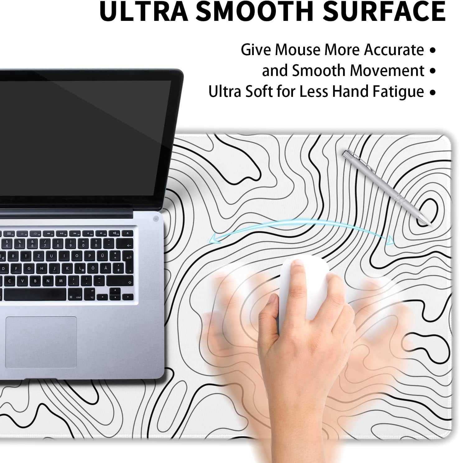 White Topographic Contour Gaming Mouse Pad 35.4 X 15.7 Inch XXL Geographic Map Lines Full Des Mousepad Extended Large Non-Slip Rubber Base Keyboard Mat with Stitched Edges for Home Office