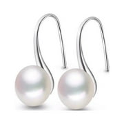 AILIUD 925 Sterling Silver Hoop 8mm White Freshwater Cultured Pearl Dangle Drop Earrings Jewelry for Women Girls