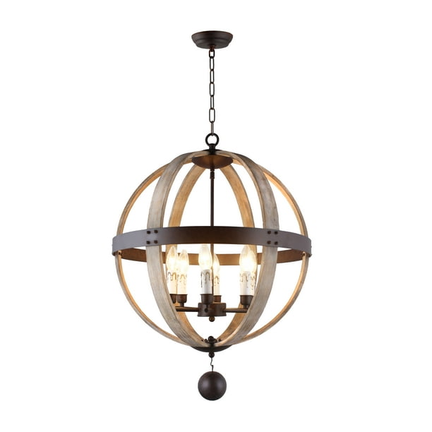6 Light Candle Style Globe Chandelier, Wood And Metal Globe Chandelier