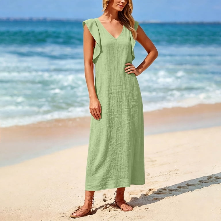 xl summer maxi dresses AHTJRT Plus Size Linen Dress for Women V Neck Sundress Cap Sleeve Long Maxi  Dresses for Vacation Beach Summer Orange XXXXXL