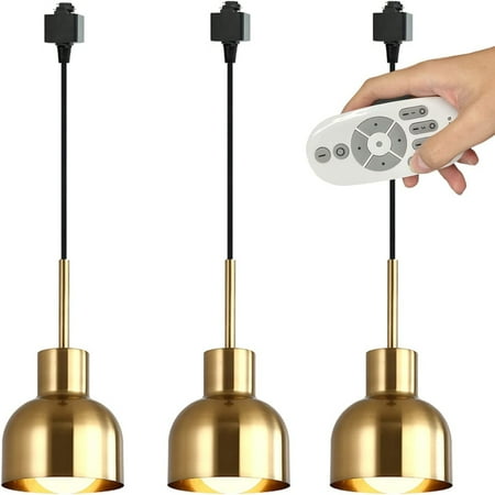 

FSLiving Brass Plating Industrial Pendant Light H-Type Track Light 2 ft Cord Iron Dome Track Light Remote Control with E26 LED Bulbs Instant Pendant Lights Decorate for Kitchen Island-3 Lights