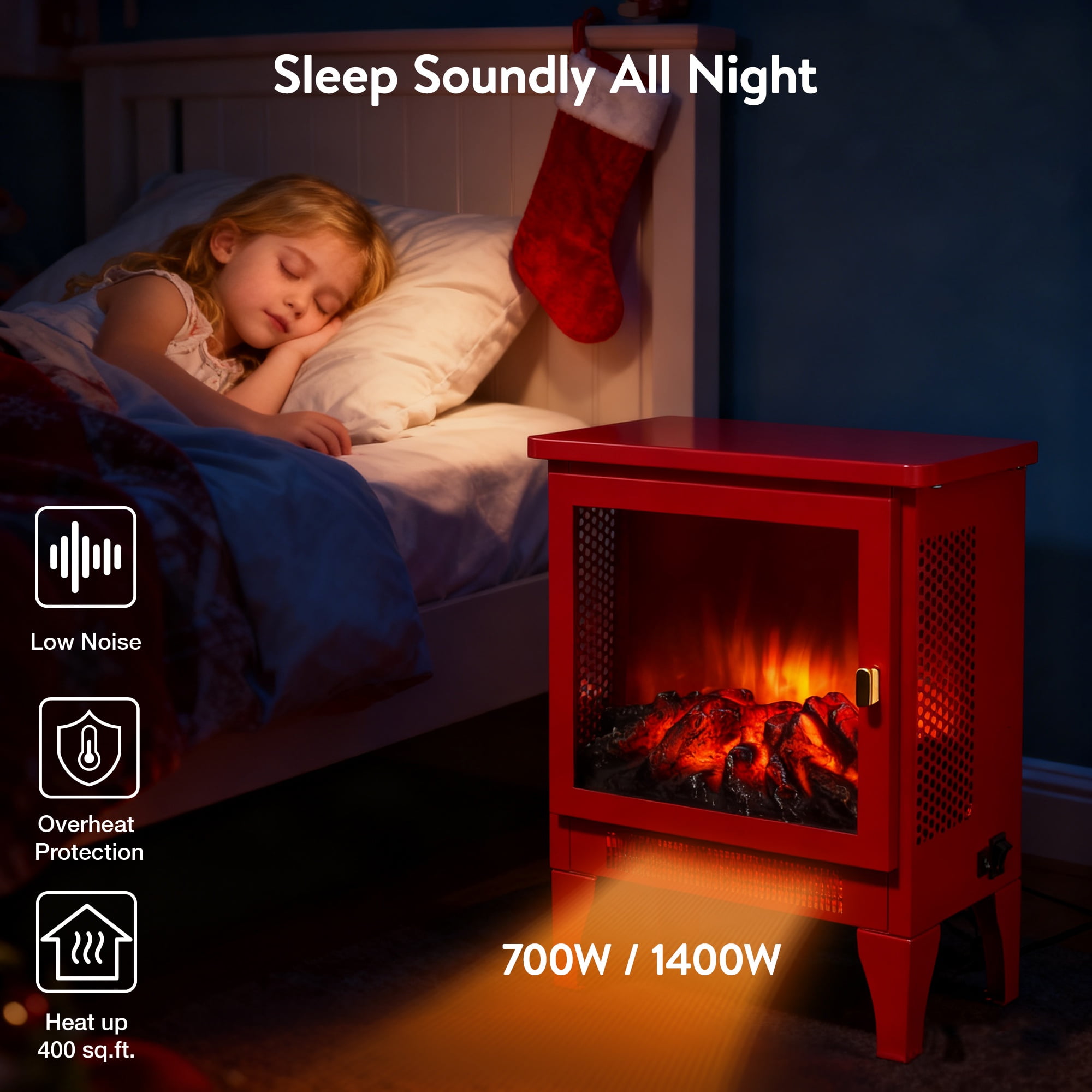 Electric Fireplace Heater, Legahome 16'' Freestanding Fireplace Heater Stove, 3D Realistic Flame Effects, Adjustable Brightness and Heating Mode, Overheat Protection, CSA Certified, Red