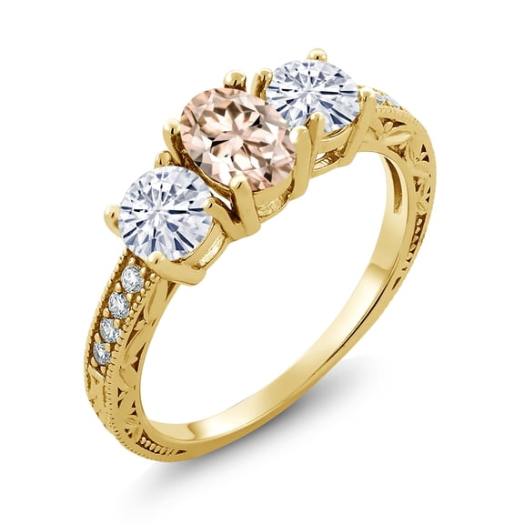 Gem Stone King 18K Yellow Gold Plated Silver 3-Stone Ring Morganite Moissanite(1.77 Cttw) (Size 6)