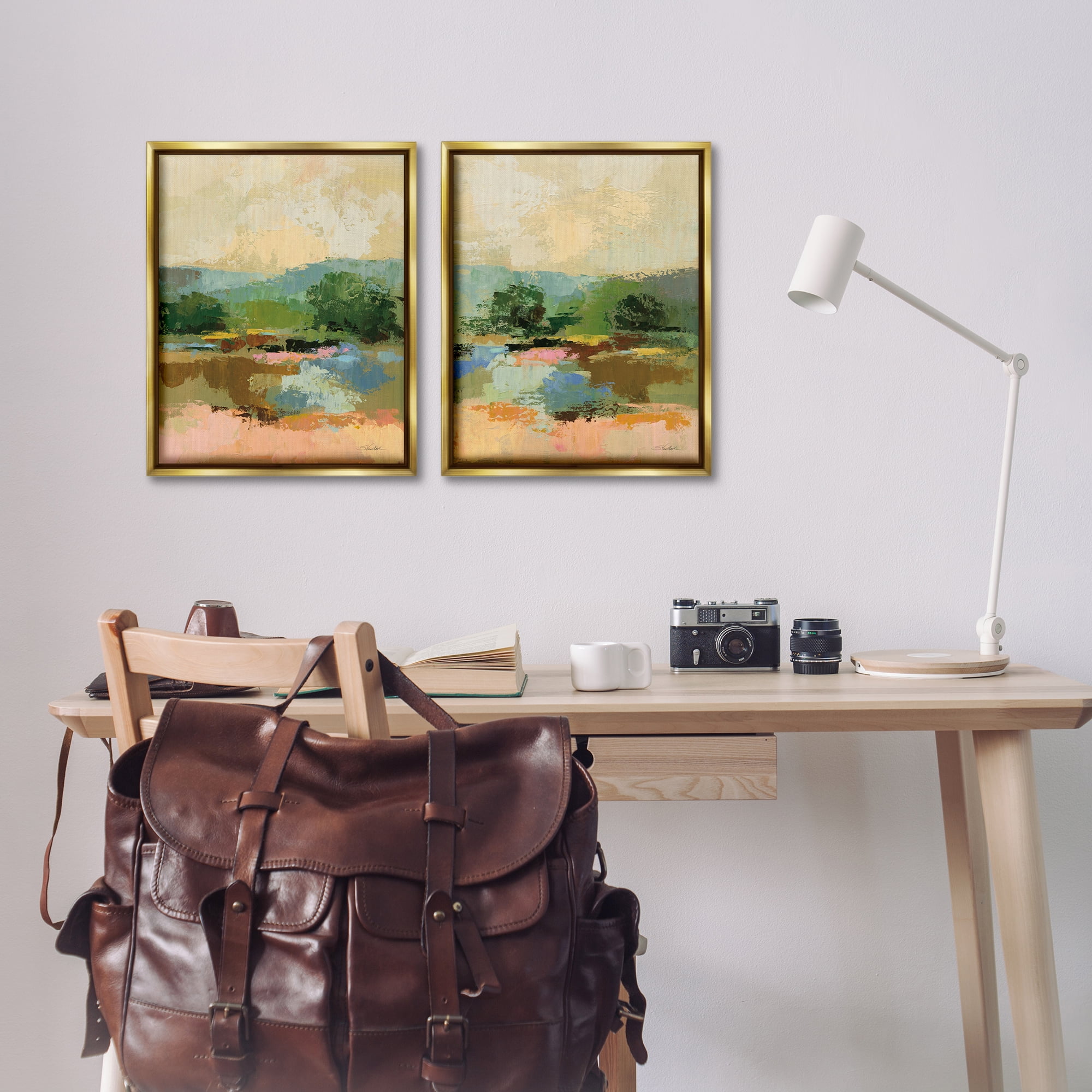 Stupell Industries Across the River Landscape Landscape & Nature Painting Gold Floater Framed Canvas Art Print Wall Art, 17 x 21, Set of 2