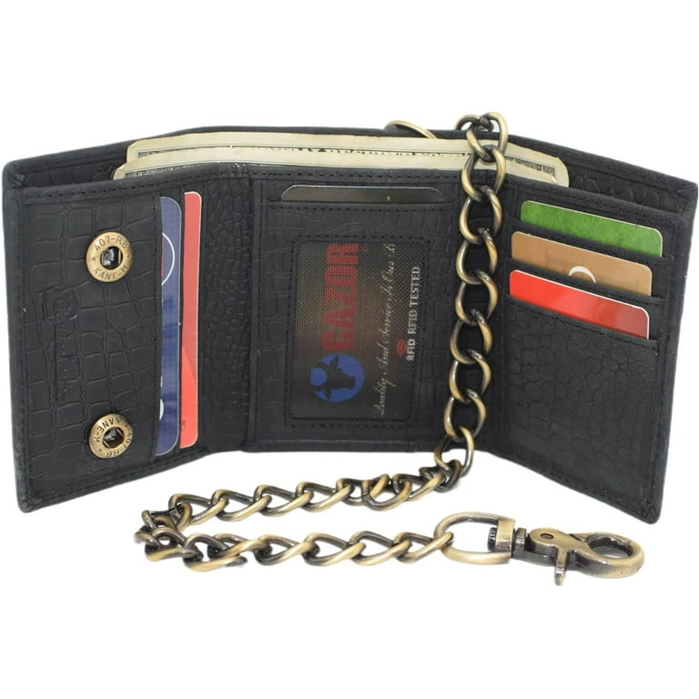 Men's Biker Chain Trifold Wallets - RFID Blocking Distressed Croco