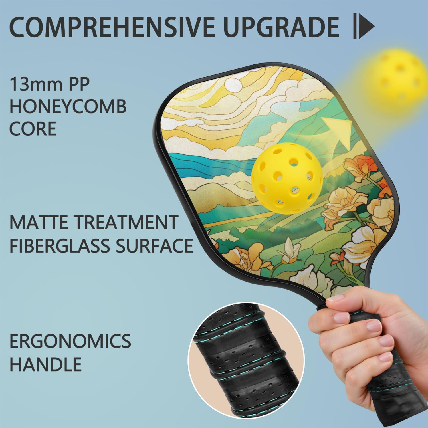 Pickleball Paddles Set Of 1, Fiberglass Surface, Vintage Floral Print, 1 Paddle, 2 Balls & Bag