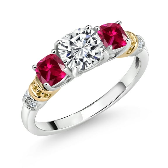 Gem Stone King 1.72 Cttw 925 Sterling Silver and 10K Yellow Gold IGI Certified Lab Grown Diamond and Created Ruby 3 Stone Ring for Women | Center 1 Ct Cushion Diamond | E-F Color | VS1-VS2 (Size 7)