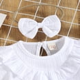 thumbnail image 4 of Newborn Girls Outfits  Short Sleeve Solid Color Ruffles Tops + Bowknot Plaid Short Pants + Decorative Hairband Sets, 4 of 6