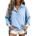 thumbnail image 4 of Sweatshirt for Women,button Collar Sweatshirt Henley Y2k Collar Relaxed Fit, Casual, Trendy, Daily Outfits Mock Neck Cotton Blend Quilted Placket Pullover Tops,Light Blue,M, 4 of 6