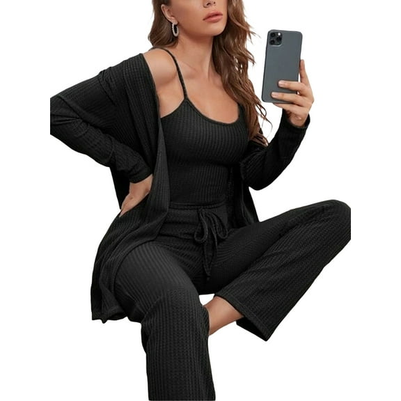 AMILIEe Women 3 Piece Lounge Set Pajama Set Long Sleeve Loungewear Set Sleepwear,with Cami Top