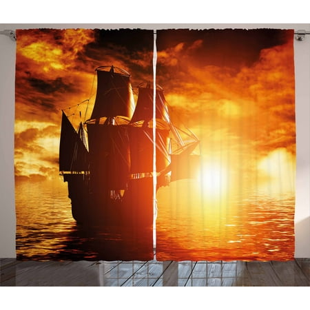 Orange Bedroom Set Pirate Ship Curtains 2 Panels Set, Ancient Pirate Ship Sailing on the Ocean at Sunset in Full Sail Print, Window Drapes for Living Room Bedroom, 108W X 96L Inches, Orange Yellow Black, by Ambesonne ()