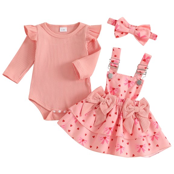 Okbabeha Newborn Baby Girl Valentine’s Day Outfit Ruffled Long Sleeve Romper Suspender Skirt Headband